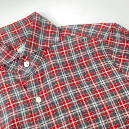 finamore Red x Gray Check 100% Cotton Flannel Shirt with Gussets