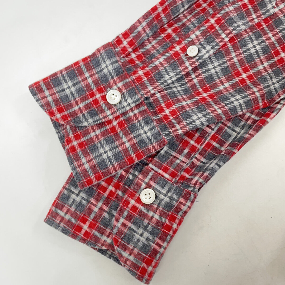 finamore Red x Gray Check 100% Cotton Flannel Shirt with Gussets