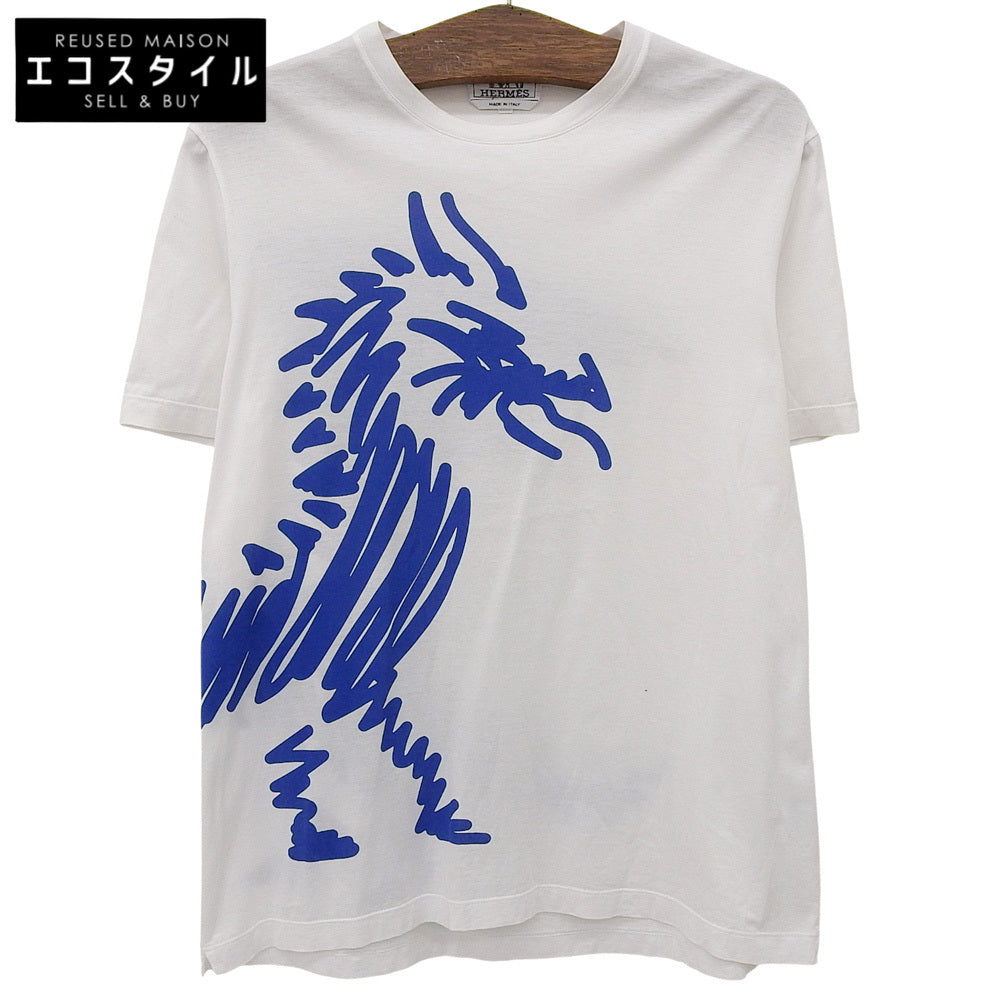 HERMES エルメス コットン100% ドラゴンプリント Tシャツ トップス メンズ ホワイト S 92-5771 トップス