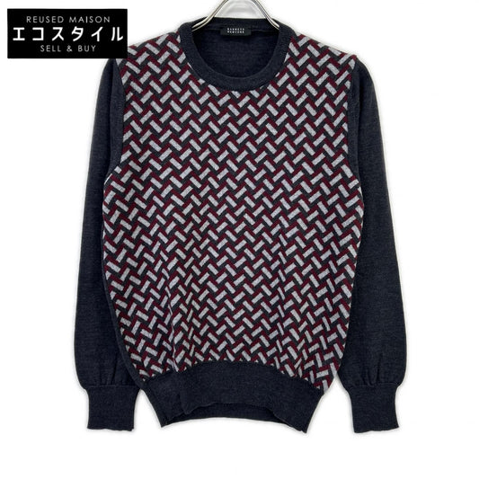 2081209 Gray x Burgundy Raglan Switching Design Knit Top 48 Men's