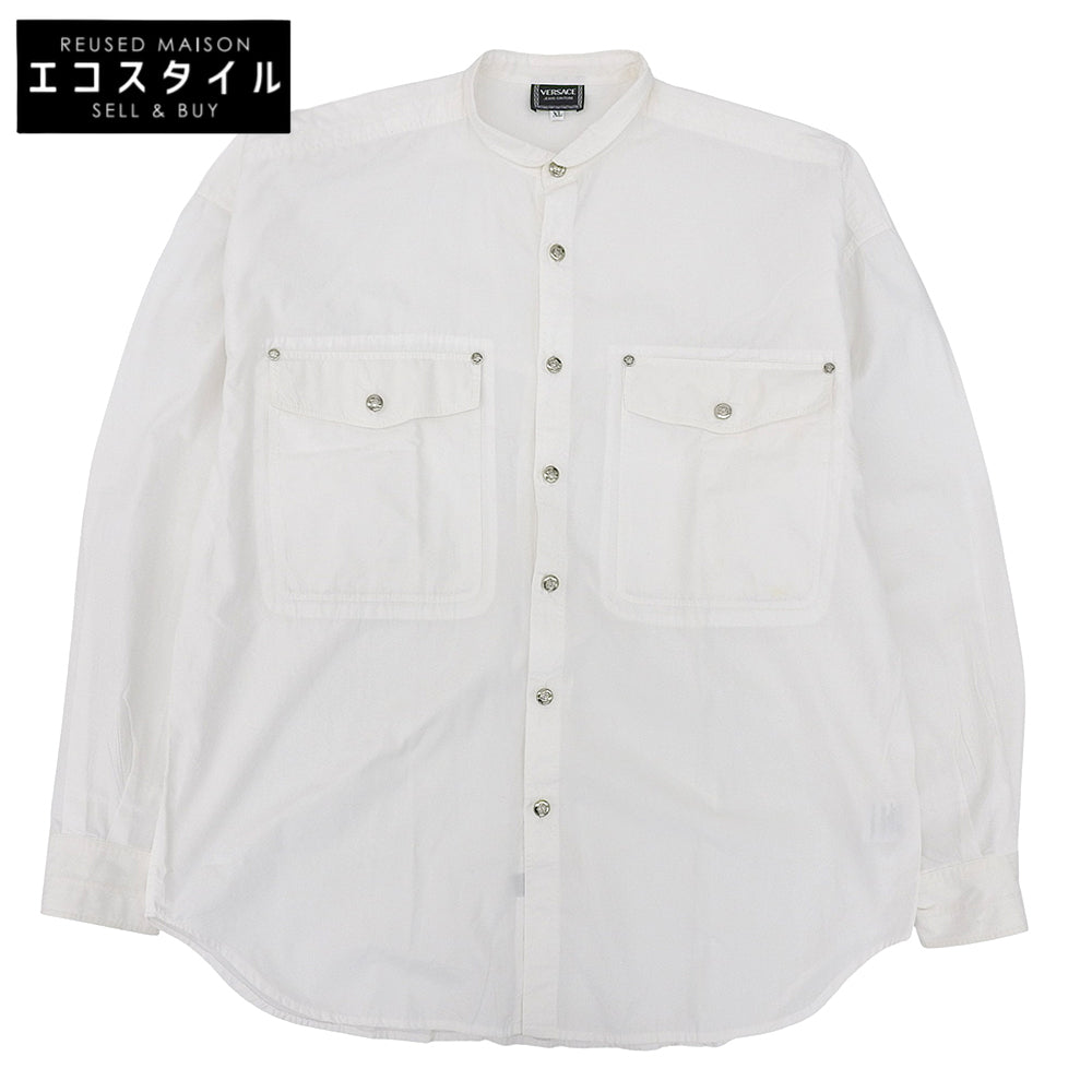 Versace Jeans ヴェルサーチジーンズ コットン100 シルバーメデューサボタン バンドカラー L/Sシャツ トップス メンズ ホワイト XL トップス