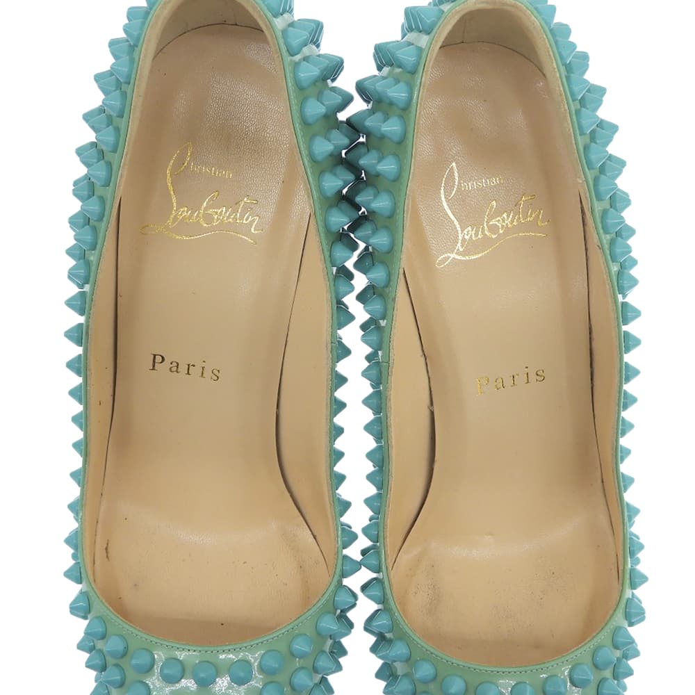 Christian Louboutin Studded Pointed-Toe Heel Pumps Women's Turquoise Blue 35 1/2 Shoes