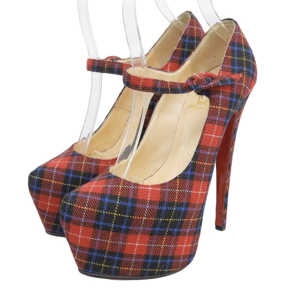Christian Louboutin 克里斯提·鲁布托 Mary 苏格兰格纹 帆布 厚底 高跟鞋 女士 红色 35 码 鞋子