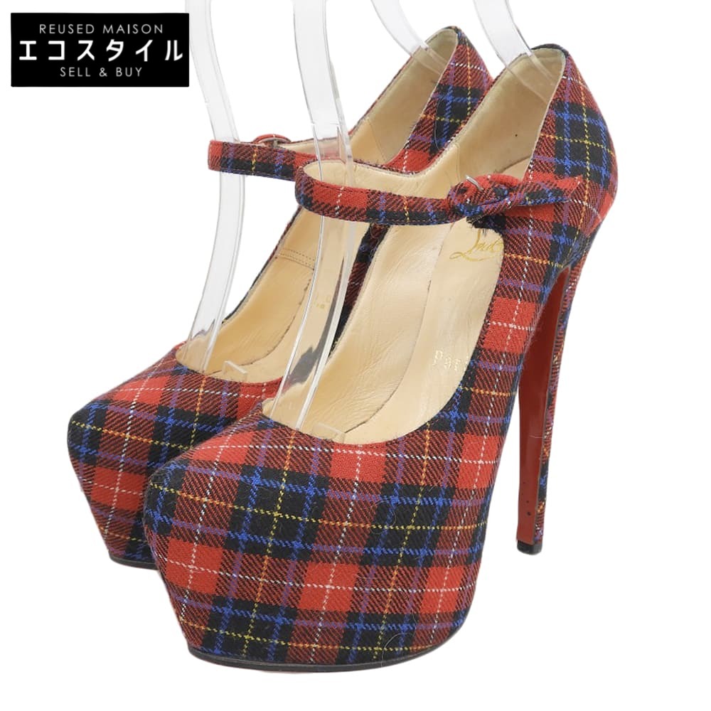 CHRISTIAN LOUBOUTIN クリスチャンルブタン Mary タータンチェック キャンバス 厚底 ヒール パンプス レディース レッド 35 シューズ