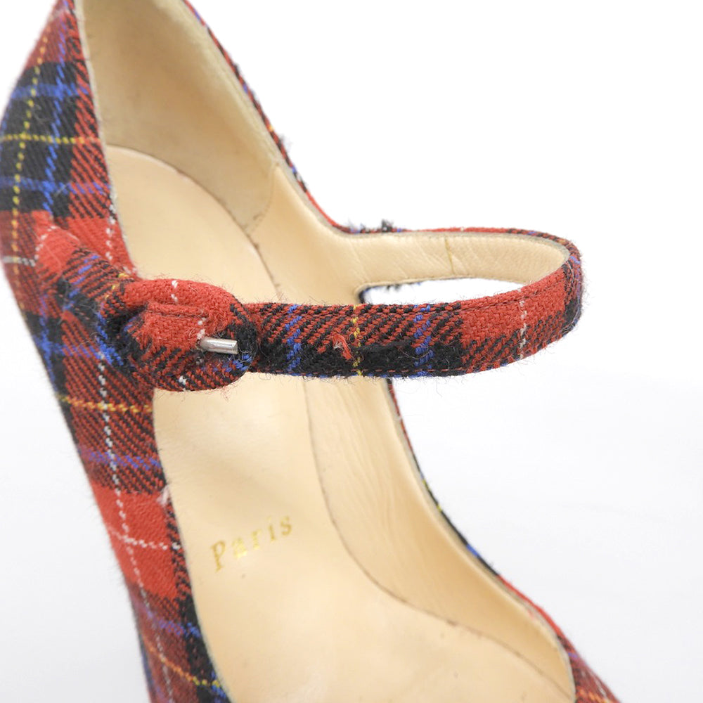 Christian Louboutin 克里斯提·鲁布托 Mary 苏格兰格纹 帆布 厚底 高跟鞋 女士 红色 35 码 鞋子