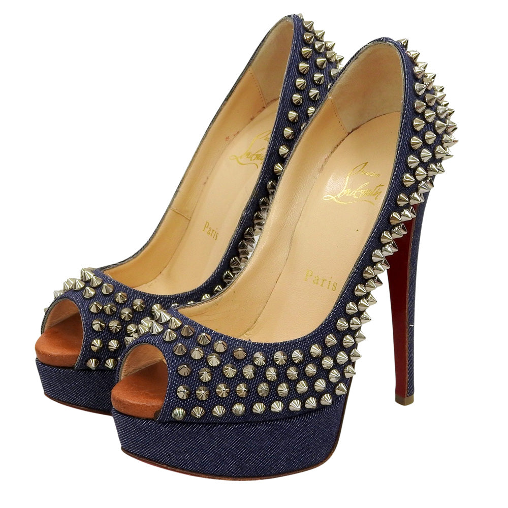 CHRISTIAN LOUBOUTIN クリスチャンルブタン デニム スパイクスタッズ オープントゥ ヒールパンプス シューズ レディース インディゴ 35 シューズ