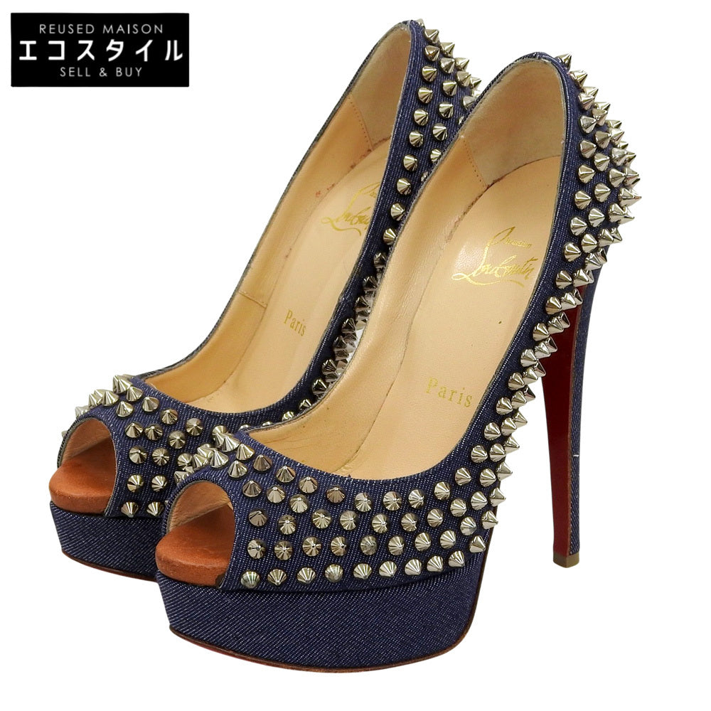 Christian Louboutin Denim Spike Stud Open Toe Heel Pumps Shoes Women's Indigo 35 Shoes