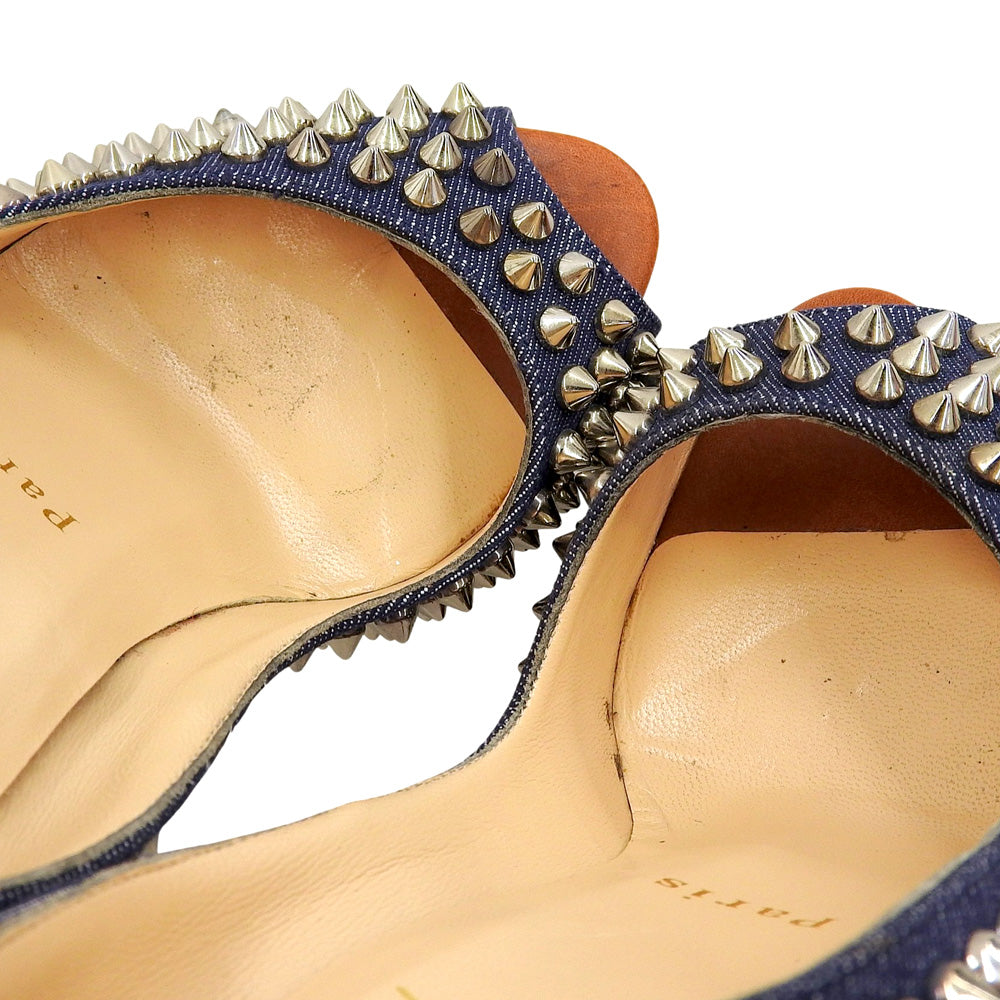 Christian Louboutin Denim Spike Stud Open Toe Heel Pumps Shoes Women's Indigo 35 Shoes
