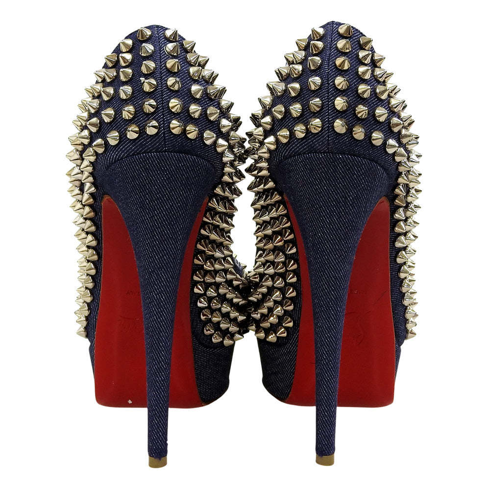 Christian Louboutin Denim Spike Stud Open Toe Heel Pumps Shoes Women's Indigo 35 Shoes