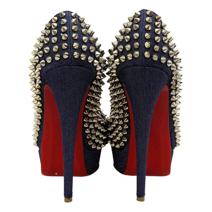 Christian Louboutin Denim Spike Stud Open Toe Heel Pumps Shoes Women's Indigo 35 Shoes