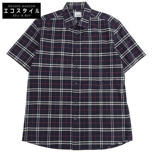 BURBERRY Stretch Cotton Check Short Sleeve Shirt Top Men's Navy L 8020964 Top