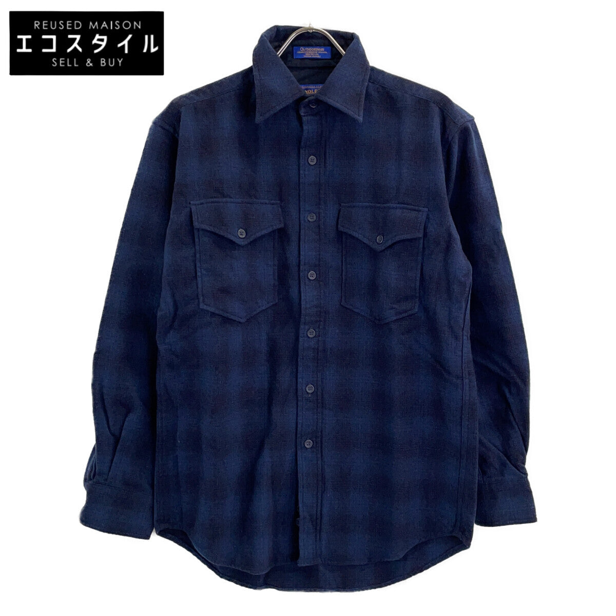 90s~ OUTDOORS MAN Navy 100% Virgin Wool Ombre Plaid Shirt Top S Men's