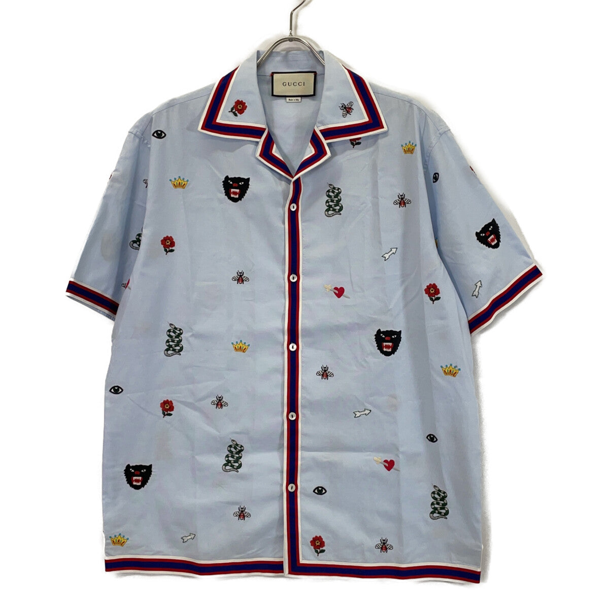 GUCCI 521782 2018 Light Blue Embroidered All-Over Bowling Short-Sleeve Shirt Top