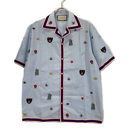 GUCCI 521782 2018 Light Blue Embroidered All-Over Bowling Short-Sleeve Shirt Top