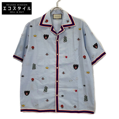 GUCCI 521782 2018 Light Blue Embroidered All-Over Bowling Short-Sleeve Shirt Top