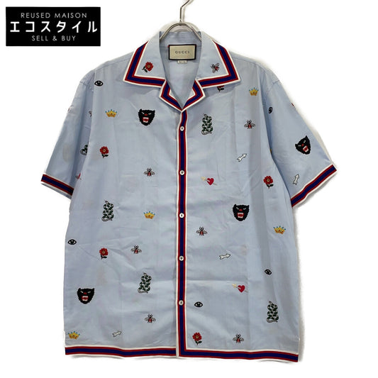GUCCI グッチ 521782 18年 ライトブルー エンブロイダリー 総柄 ボーリング半袖シャツ トップス