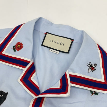 GUCCI 521782 2018 Light Blue Embroidered All-Over Bowling Short-Sleeve Shirt Top
