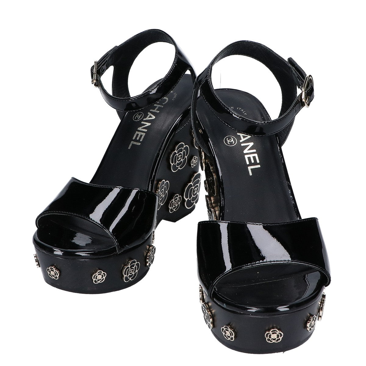 CHANEL G31755 Patent Leather Camellia Design Wedge Sandals