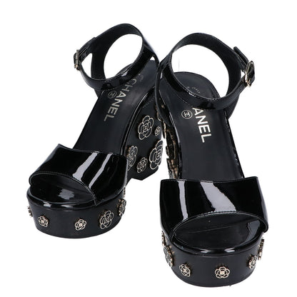 CHANEL G31755 Patent Leather Camellia Design Wedge Sandals