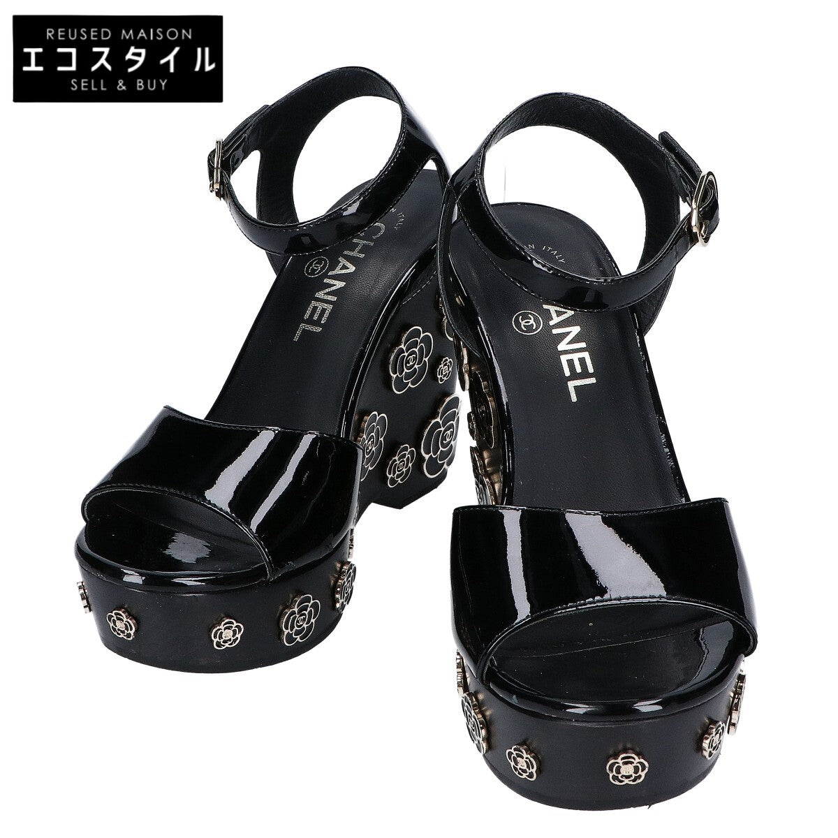 CHANEL G31755 Patent Leather Camellia Design Wedge Sandals