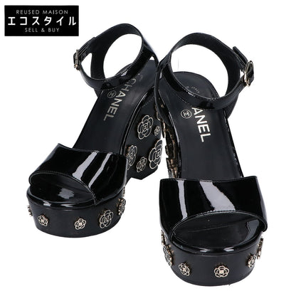 CHANEL G31755 Patent Leather Camellia Design Wedge Sandals