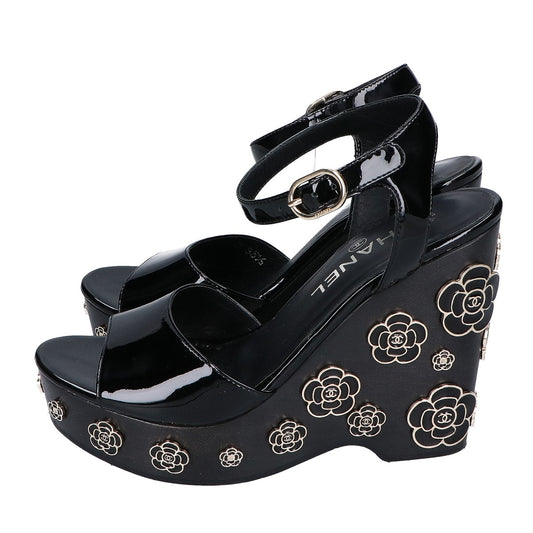 CHANEL G31755 Patent Leather Camellia Design Wedge Sandals