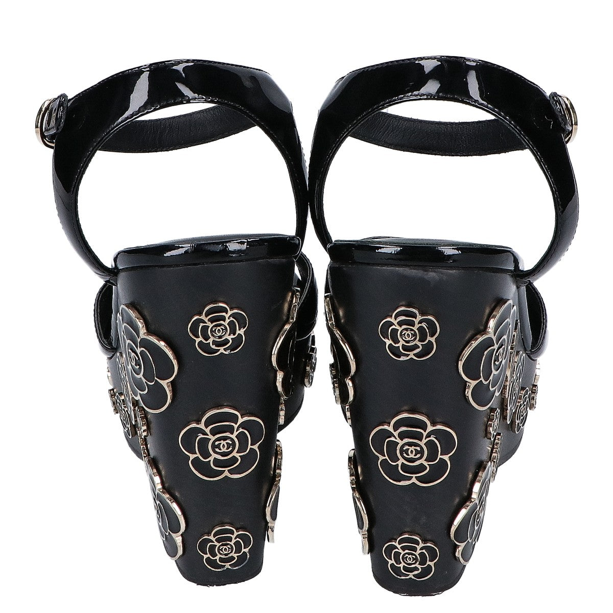 CHANEL G31755 Patent Leather Camellia Design Wedge Sandals