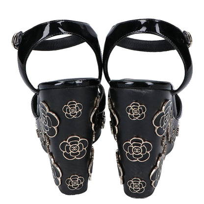 CHANEL G31755 Patent Leather Camellia Design Wedge Sandals