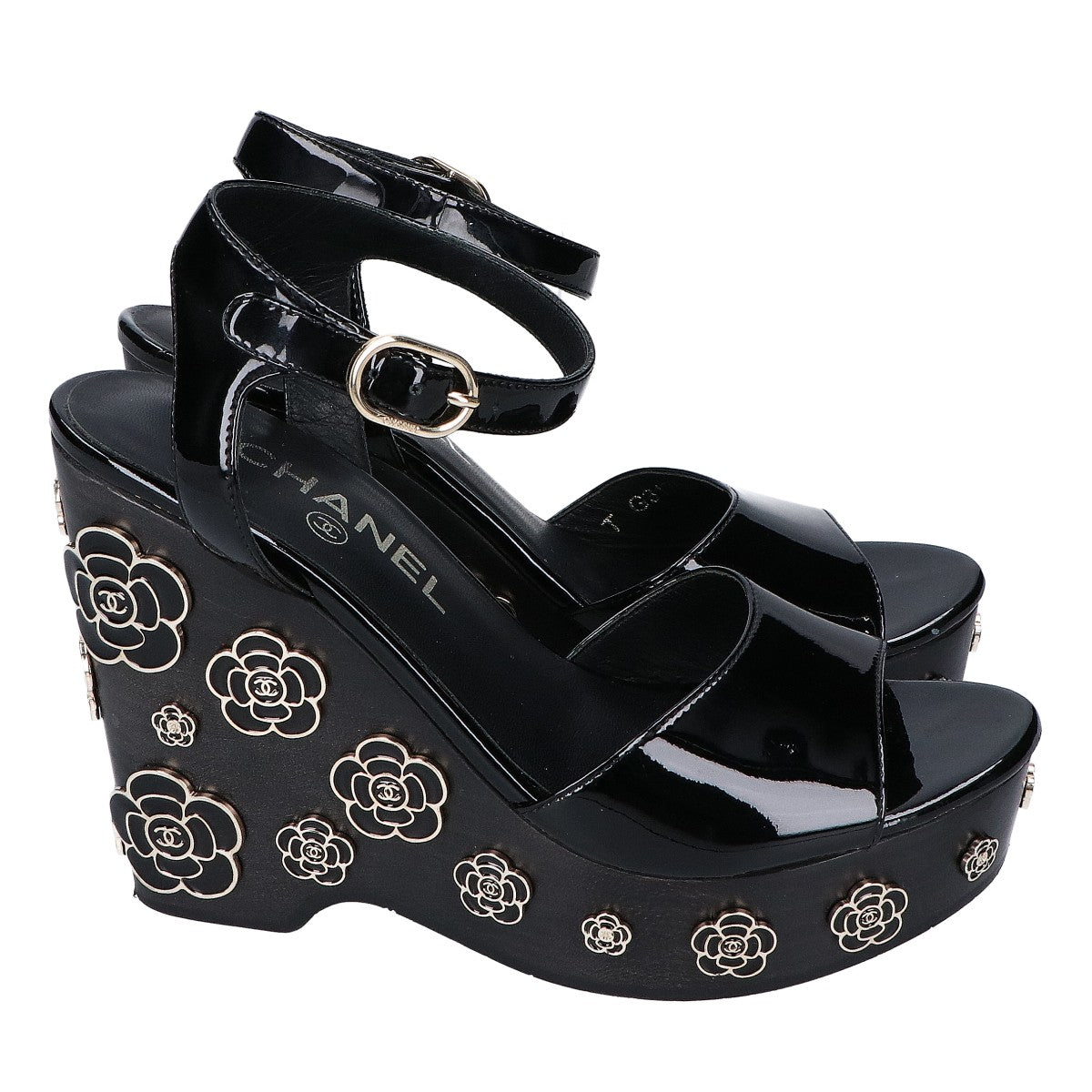 CHANEL G31755 Patent Leather Camellia Design Wedge Sandals