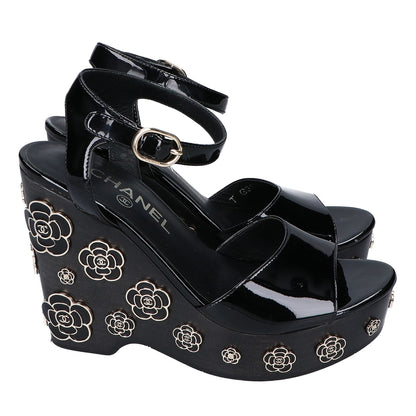 CHANEL G31755 Patent Leather Camellia Design Wedge Sandals