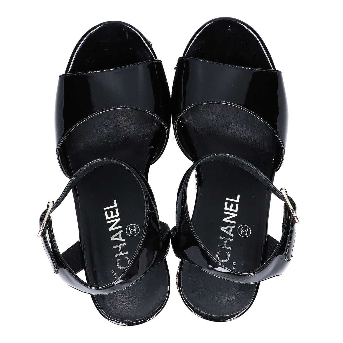 CHANEL G31755 Patent Leather Camellia Design Wedge Sandals