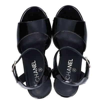CHANEL G31755 Patent Leather Camellia Design Wedge Sandals