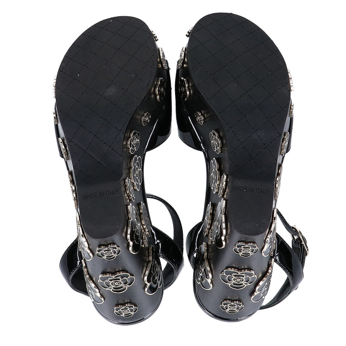 CHANEL G31755 Patent Leather Camellia Design Wedge Sandals