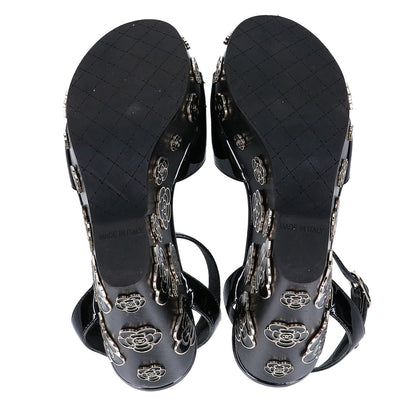 CHANEL G31755 Patent Leather Camellia Design Wedge Sandals