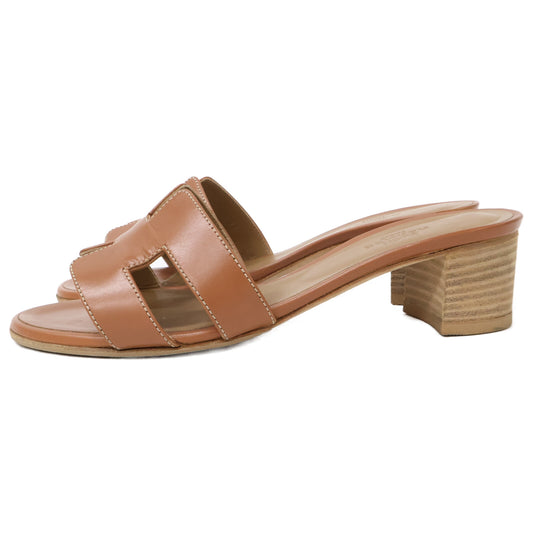 HERMES Brown Gold Leather Oasis Heel Sandals Shoes