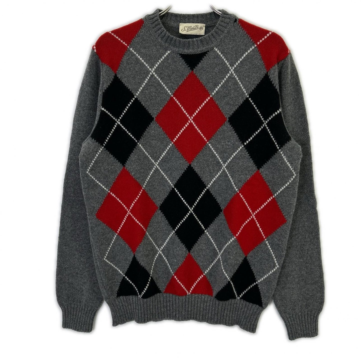 St. Moritz Grey Wool x Cashmere Argyle Crew Neck Knit Top Men's