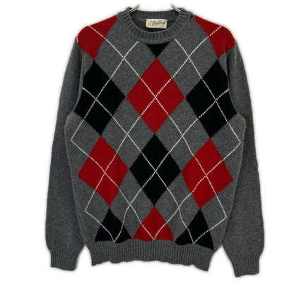 St. Moritz Grey Wool x Cashmere Argyle Crew Neck Knit Top Men's