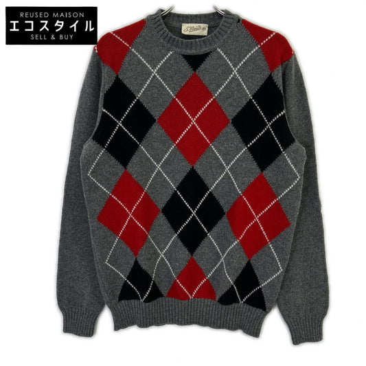 St. Moritz Grey Wool x Cashmere Argyle Crew Neck Knit Top Men's