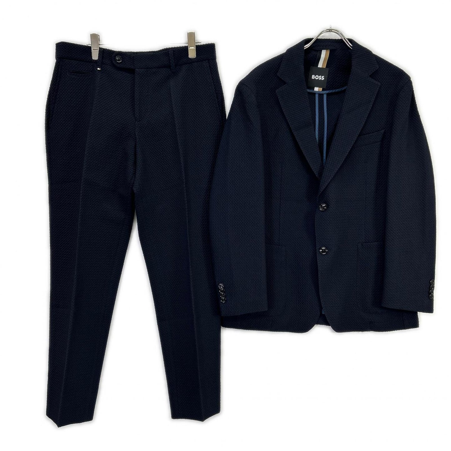 BOSS ボス ネイビー ウールブレンド スリムフィット シアサッカー ジャケットパンツ セットアップ