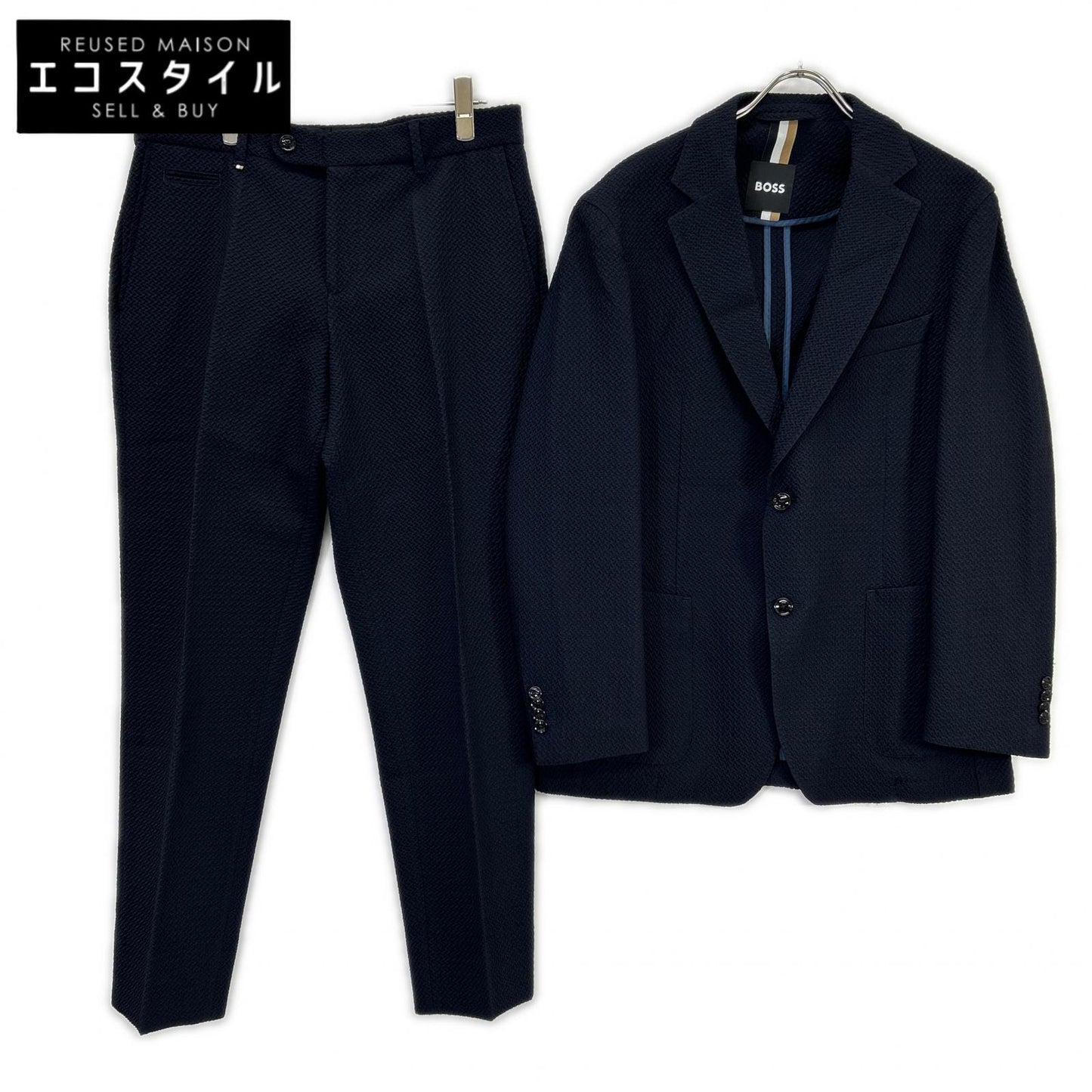 BOSS ボス ネイビー ウールブレンド スリムフィット シアサッカー ジャケットパンツ セットアップ