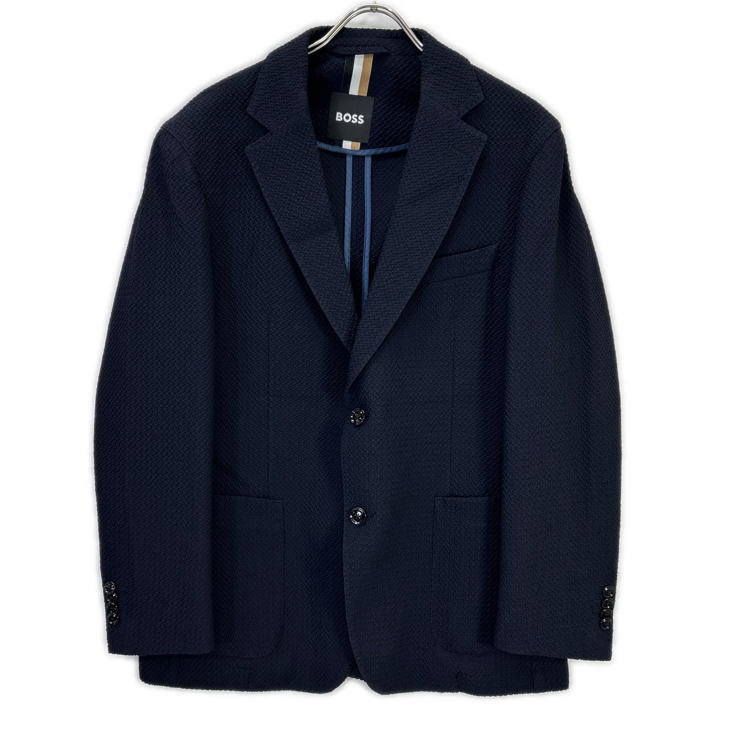 BOSS ボス ネイビー ウールブレンド スリムフィット シアサッカー ジャケットパンツ セットアップ