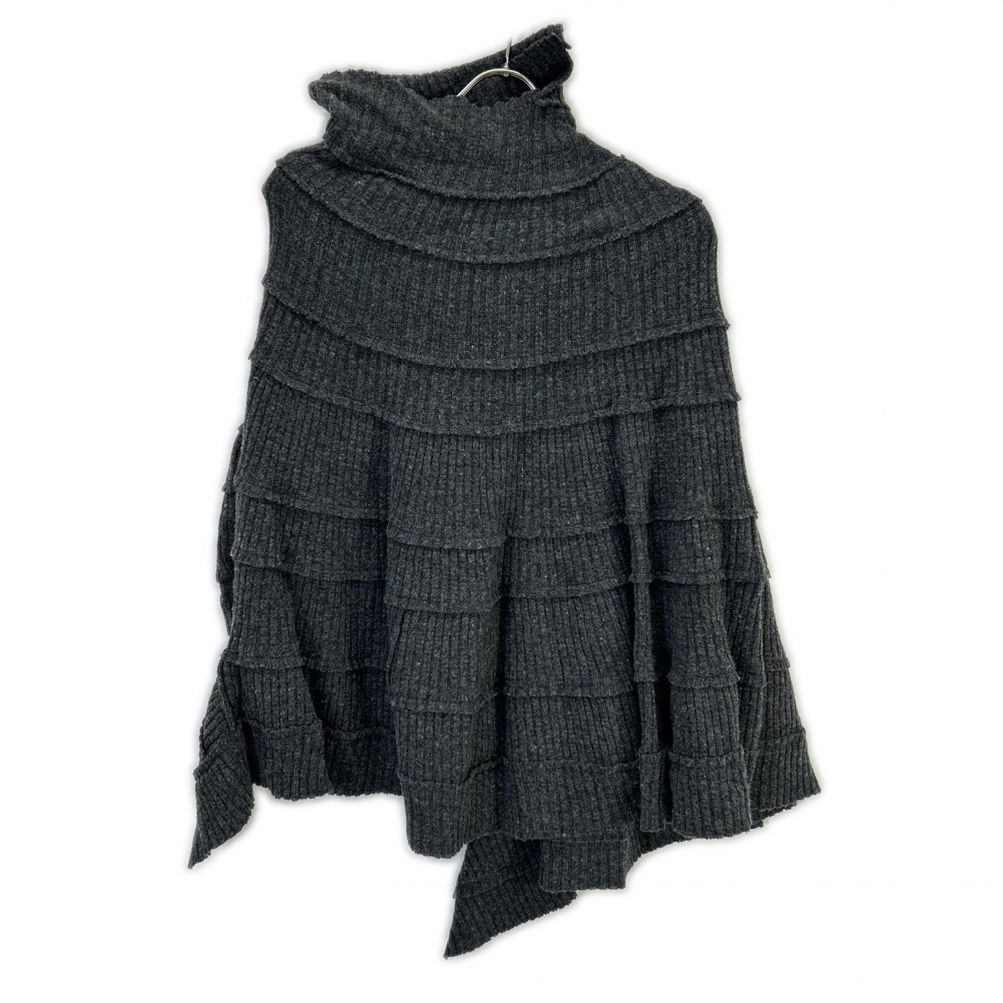YC-T76-173 Grey Wool Asymmetrical Turtleneck Poncho Knit Top 2 Women's