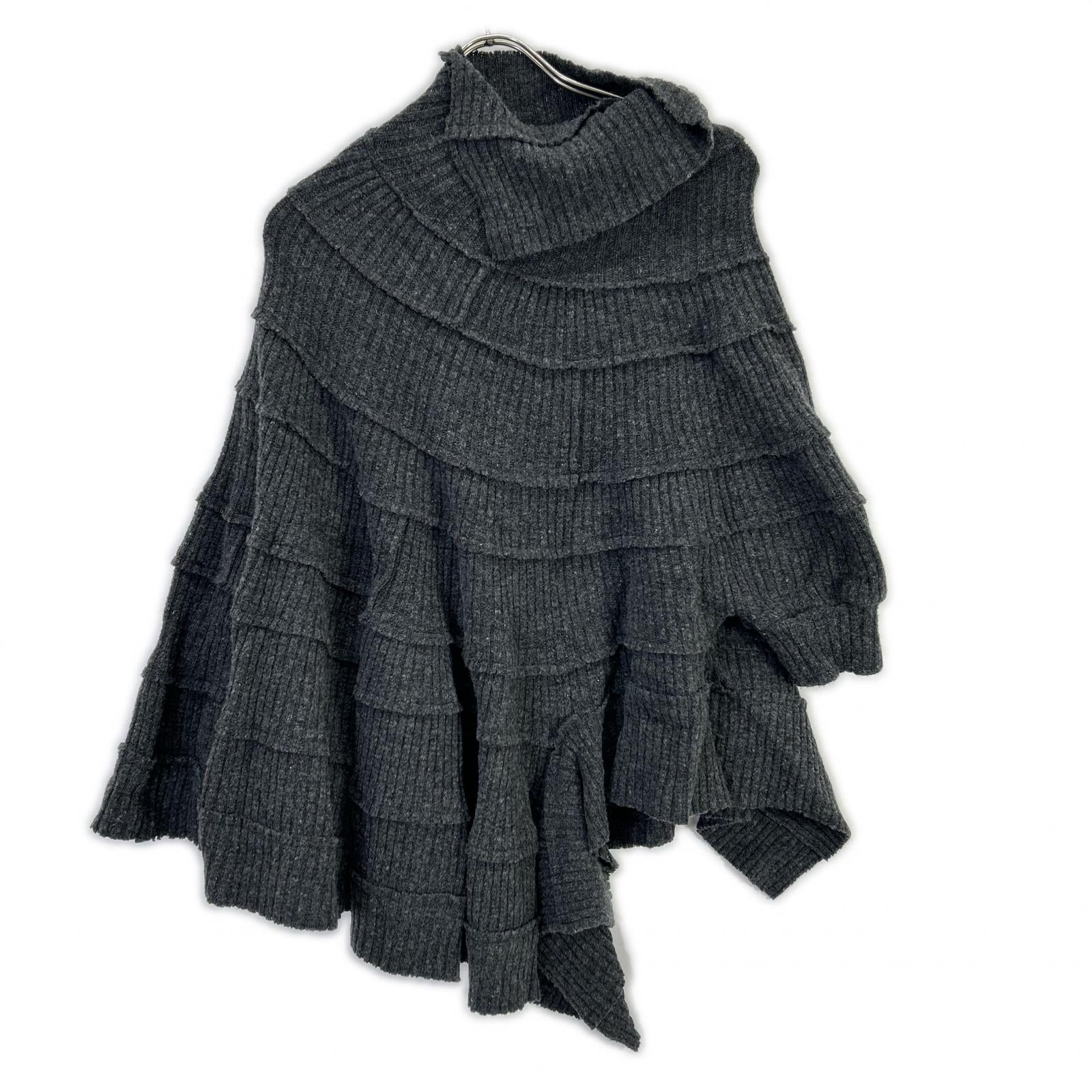 YC-T76-173 Grey Wool Asymmetrical Turtleneck Poncho Knit Top 2 Women's