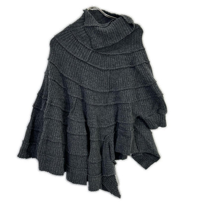 YC-T76-173 Grey Wool Asymmetrical Turtleneck Poncho Knit Top 2 Women's