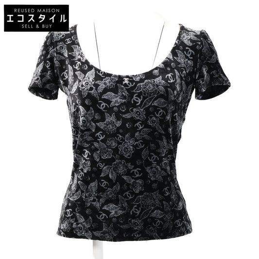 CHANEL 【Excellent Condition/24-25AW】P78132V70115 Velour Rhinestone Coco Mark All-over Print Short Sleeve Top