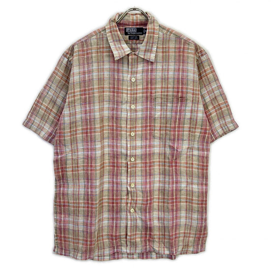 90年代 CLAYTON ｸﾚｲﾄﾝ ﾁｪｯｸ ﾘﾈﾝ100 ｵｰﾌﾟﾝｶﾗｰｼｬﾂ トップス M メンズ