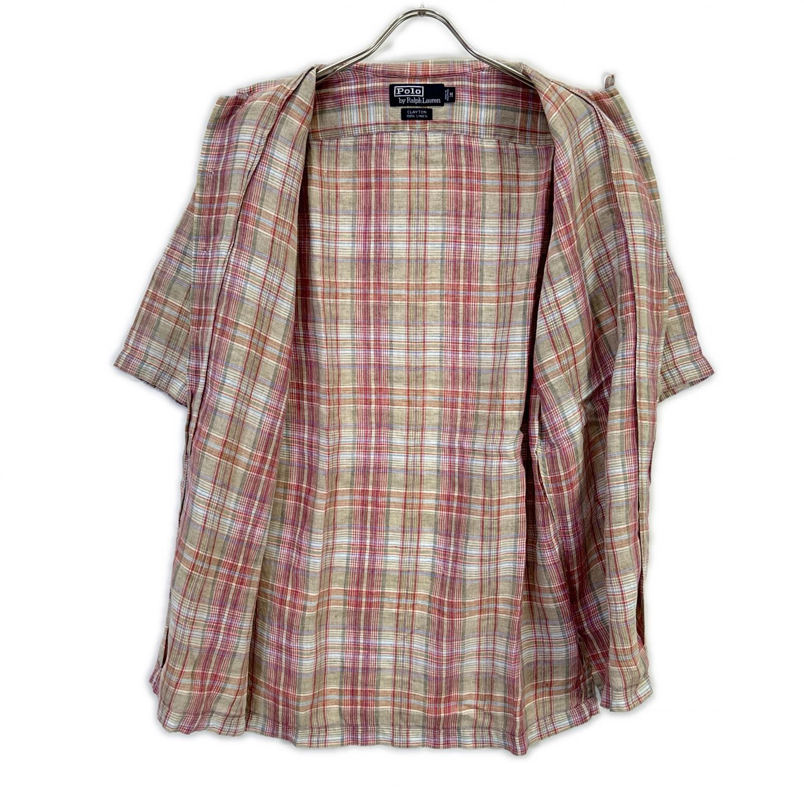 POLO RALPH LAUREN ポロ ラルフローレン 90年代 CLAYTON クレイトン チェック リネン100 オープンカラーシャツ トップス