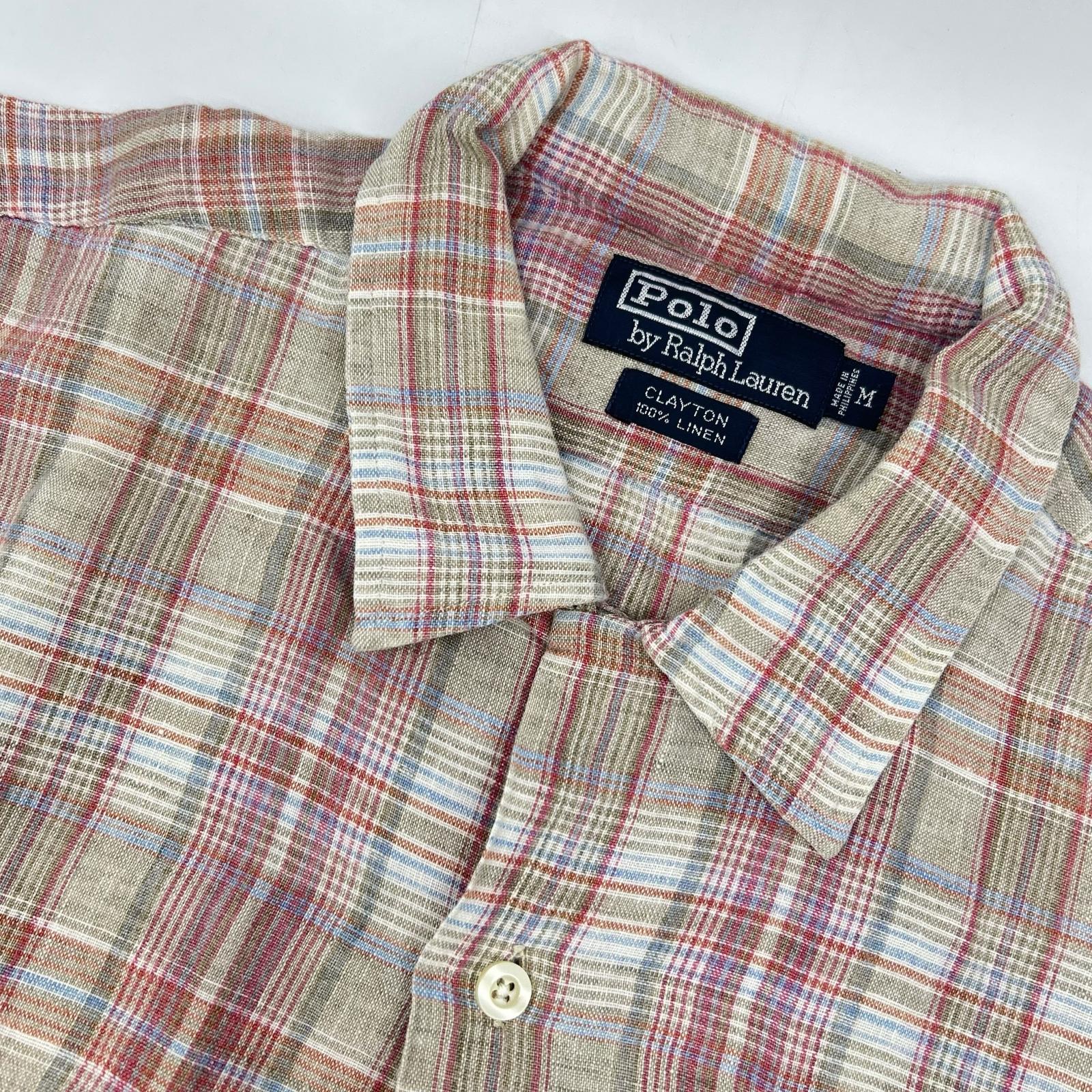 POLO RALPH LAUREN ポロ ラルフローレン 90年代 CLAYTON クレイトン チェック リネン100 オープンカラーシャツ トップス