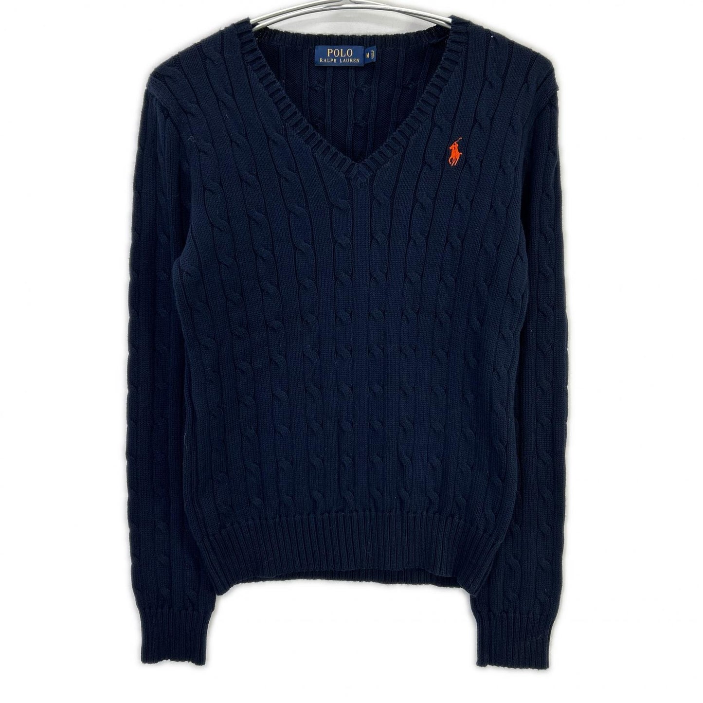 POLO RALPH LAUREN ポロ ラルフローレン ネイビー オレンジスモールポニー Vネック ケーブルニット トップス