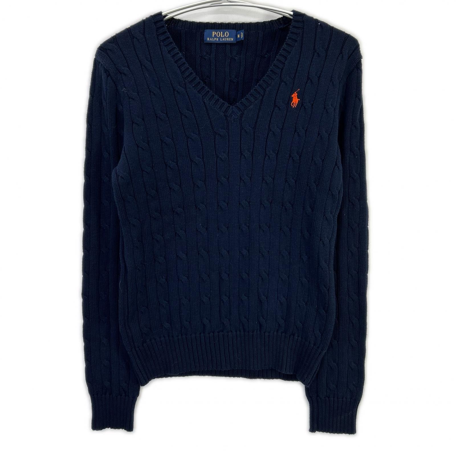POLO RALPH LAUREN ポロ ラルフローレン ネイビー オレンジスモールポニー Vネック ケーブルニット トップス